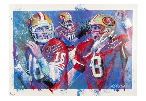 Joe Montana, Jerry Rice, & Steve Young Signed & Inscribed Billy Lopa Canvas Lithograph PP (#3/16)